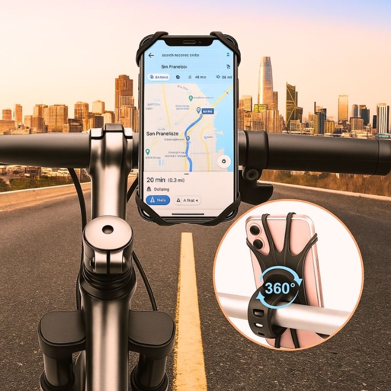 Smartphone mounted on bike displaying GPS map, rider's view on a road at sunset with 360° holder inset.