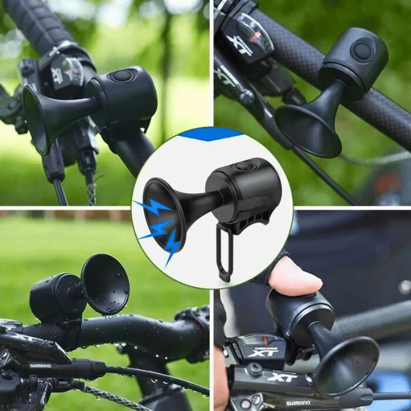 Compact bicycle horn shown in various city riding situations – easy to install, waterproof and reliable in all weather.

