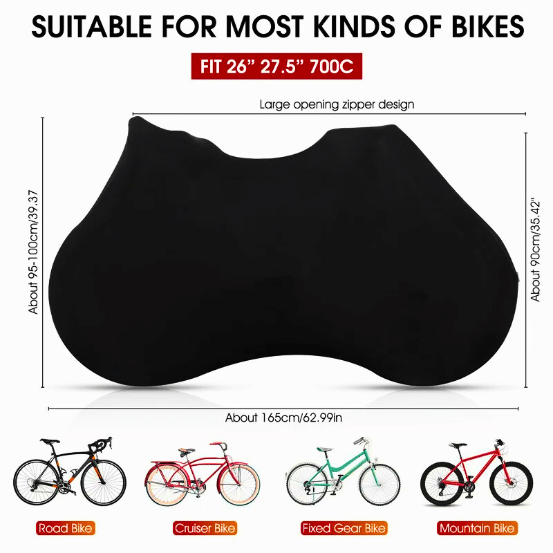 Illustration showing the stretch fit on different bike types – road, mountain, and electric bikes.