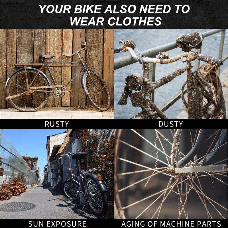 Rusty and dusty bikes shown in contrast – demonstrates the risks avoided with a protective cover.