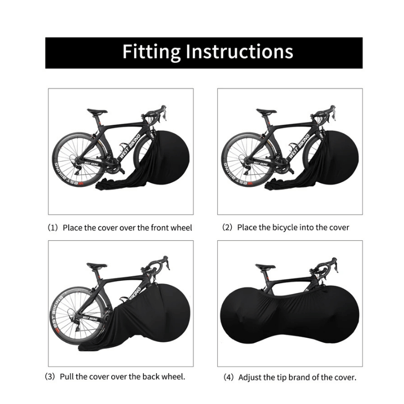 Step-by-step fitting instructions for installing a stretch bike cover on a bicycle