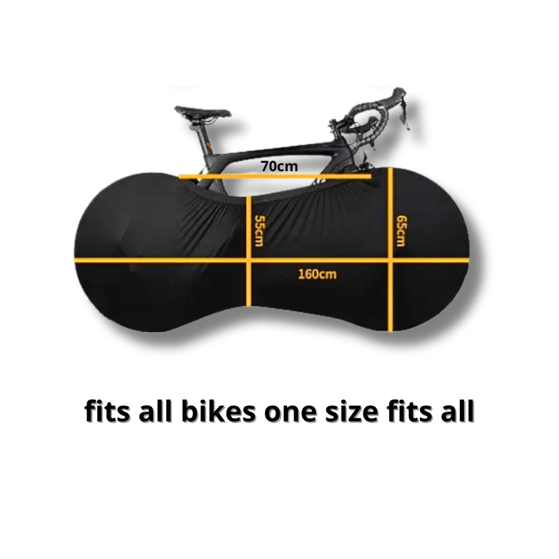 stretch bike cover size chart showing compatibility with road, MTB and electric bikes