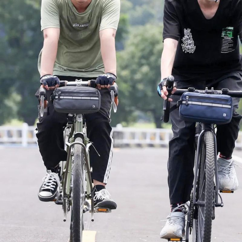 waterproof bike handlebar bag centered on front bar, ready for adventure