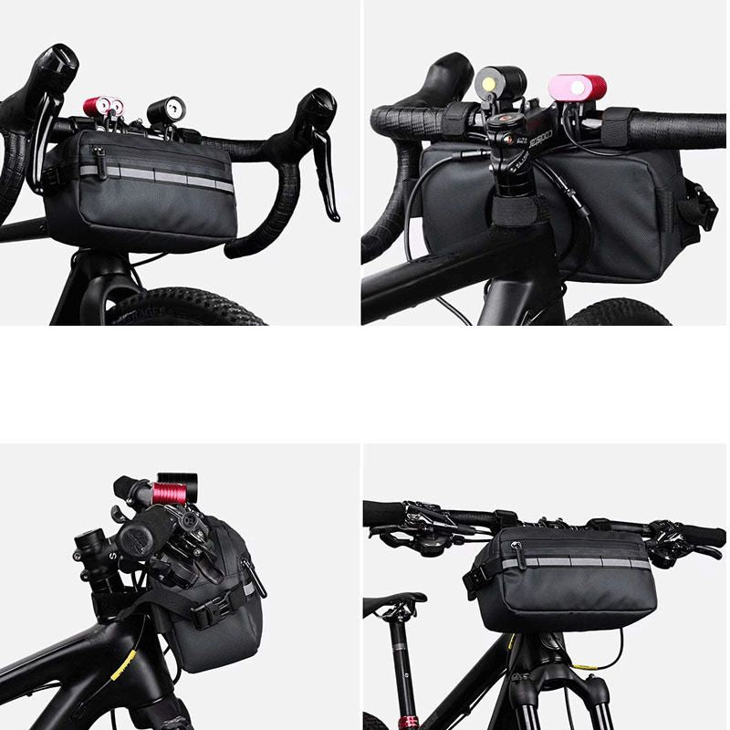 Storage capacity demonstration of the handlebar bag with phone, tools, and glasses