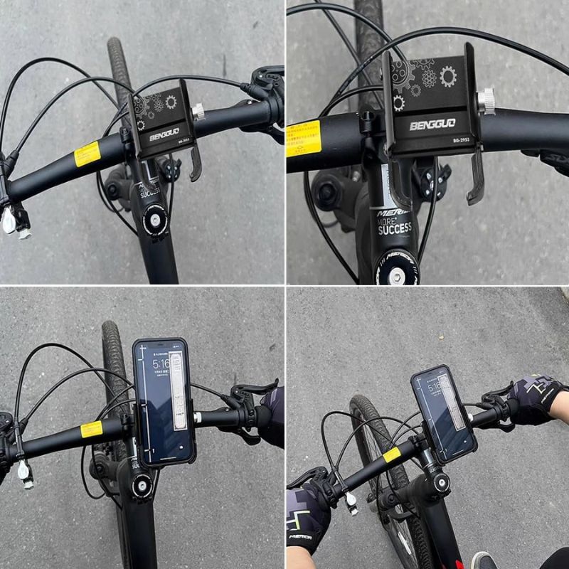 Real usage shots of the phone holder on a black mountain bike, showing different perspectives from above the handlebar. Perfect to showcase real-world fit.