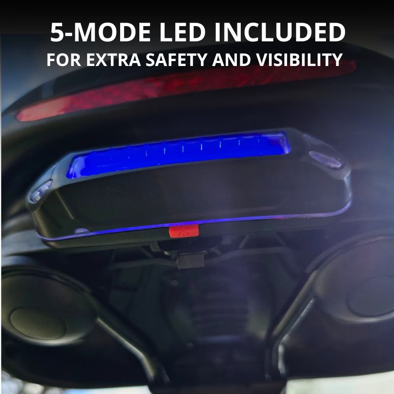 5-mode LED light mounted under a wide bike seat for enhanced night visibility