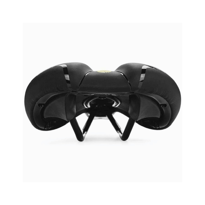 Underside of gel bike seat with rail mount