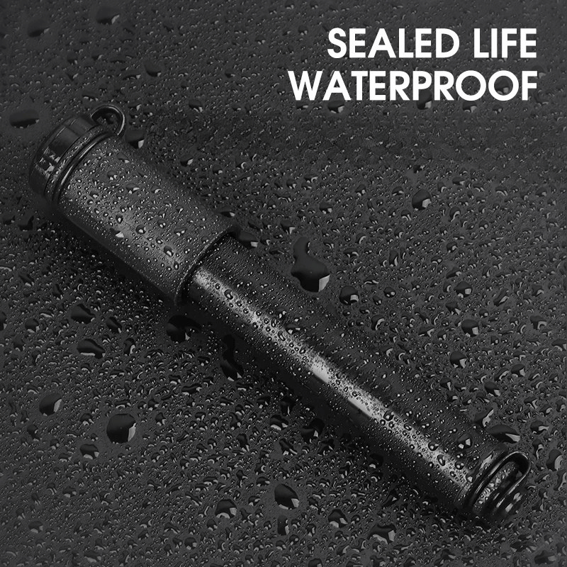 Black waterproof bike pump shown with rain droplets

