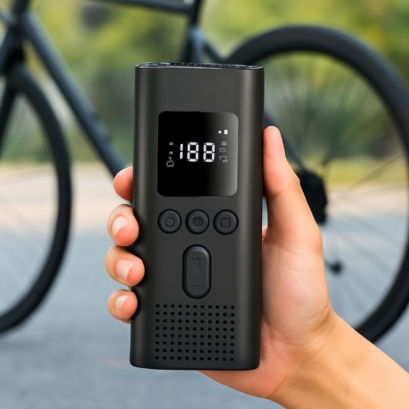 Hand holding cordless air pump inflating a bicycle tyre