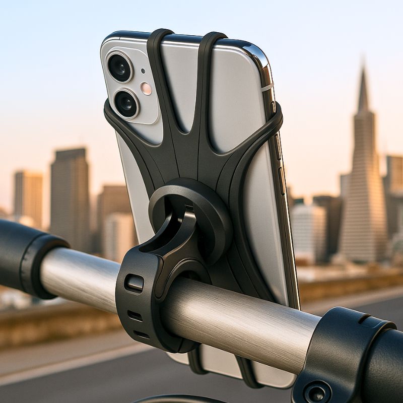 Black silicone phone holder attached to a silver handlebar, showing secure grip on a triple-camera smartphone.