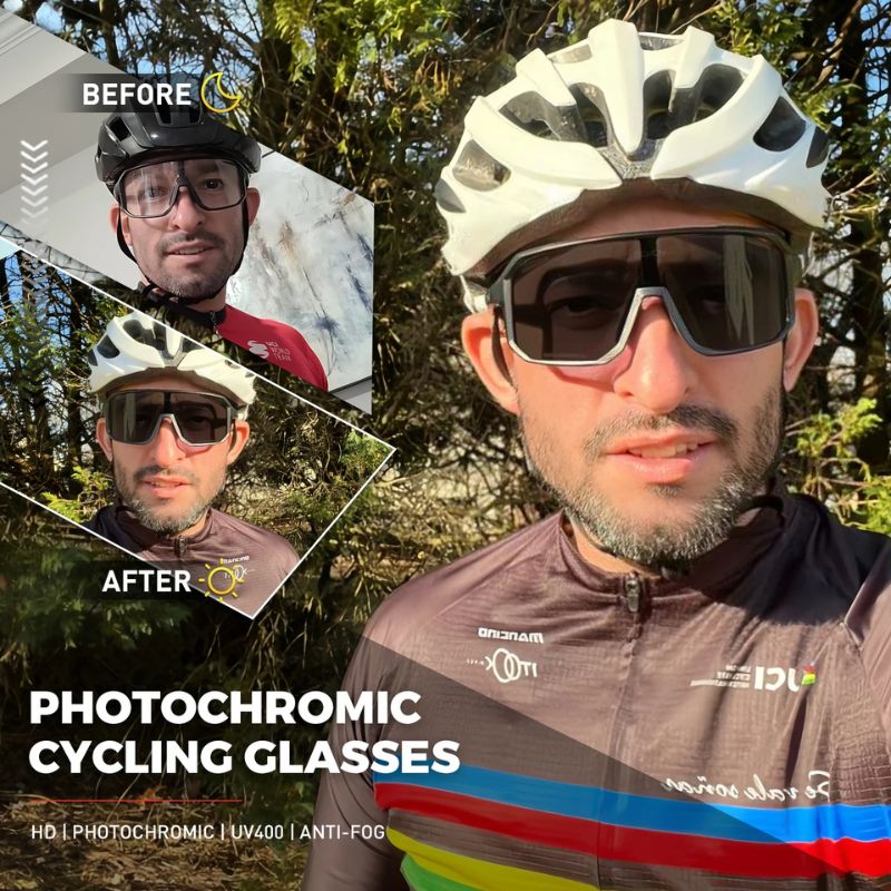 Team of cyclists using smart photochromic glasses