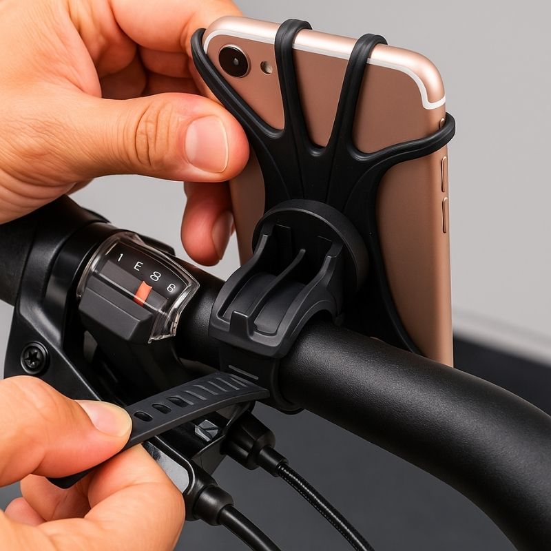 Hands attaching a rose gold phone to a black silicone bike mount on a handlebar with gear shifter visible.