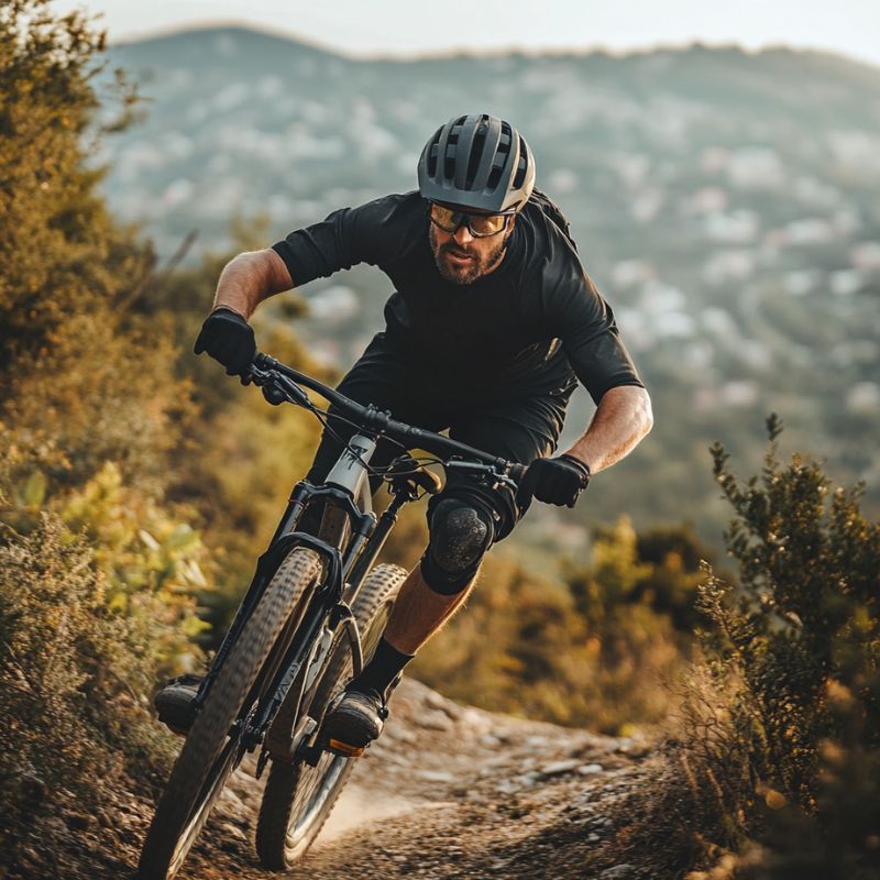Mountain biker wearing photochromic glasses during descent