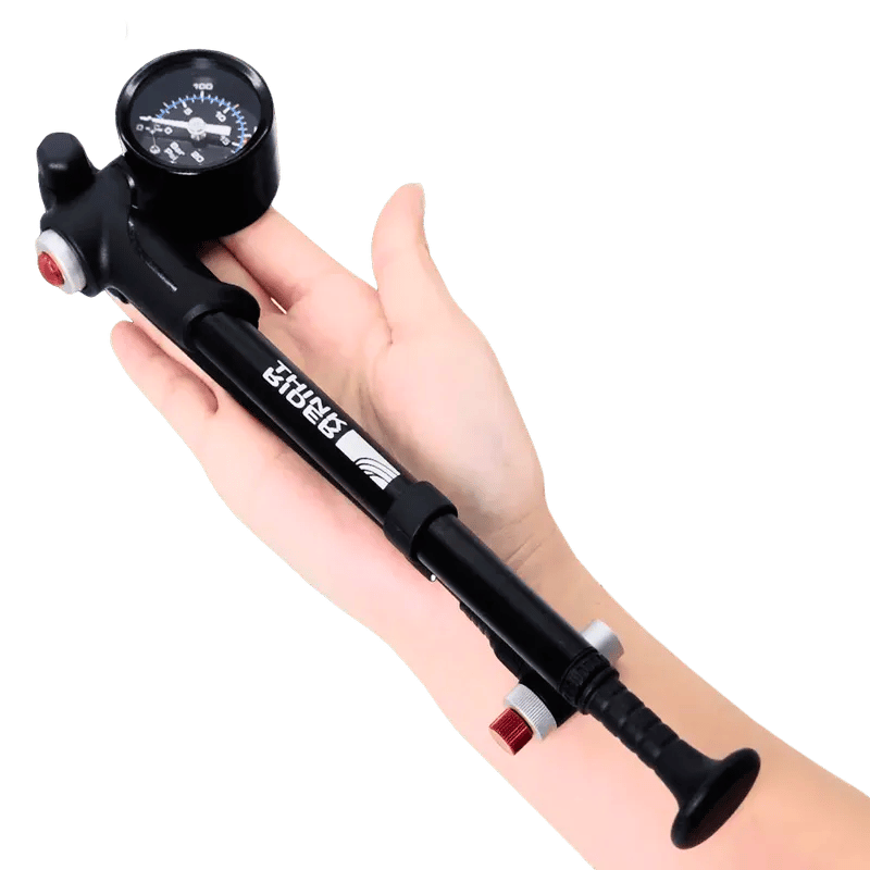 Shock pump delivering high-pressure output up to 300 PSI. Ideal for fine-tuning MTB forks and rear suspension shocks.