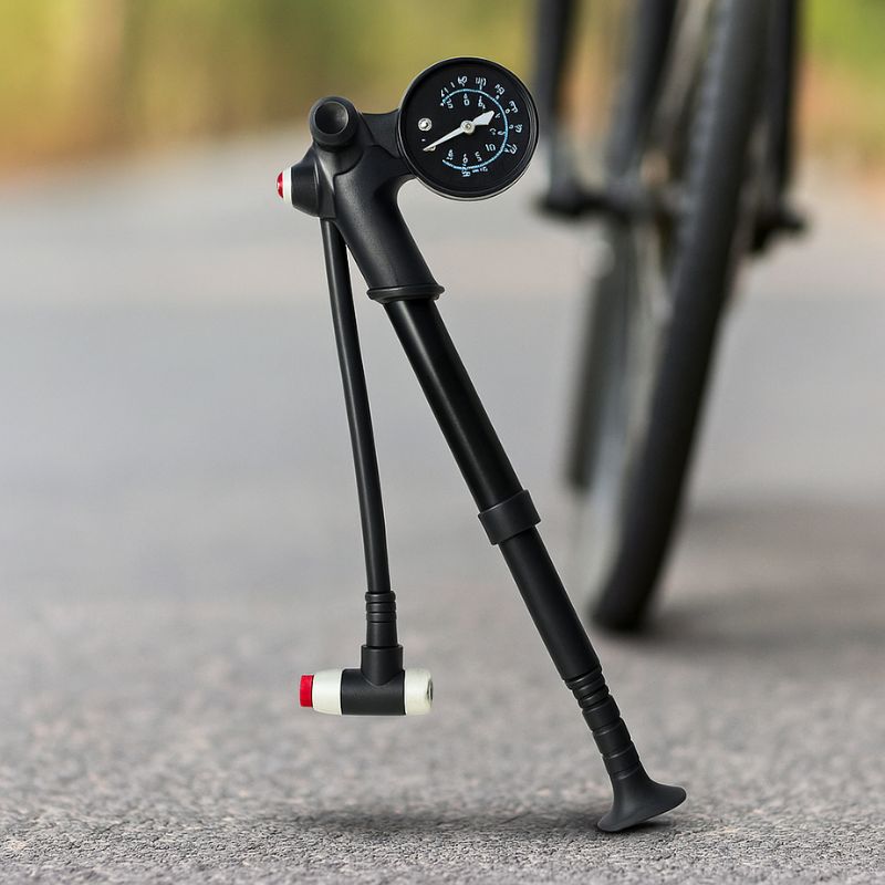 Manual shock pump in action inflating rear suspension with Schrader valve. Essential tool for mountain biking performance.
