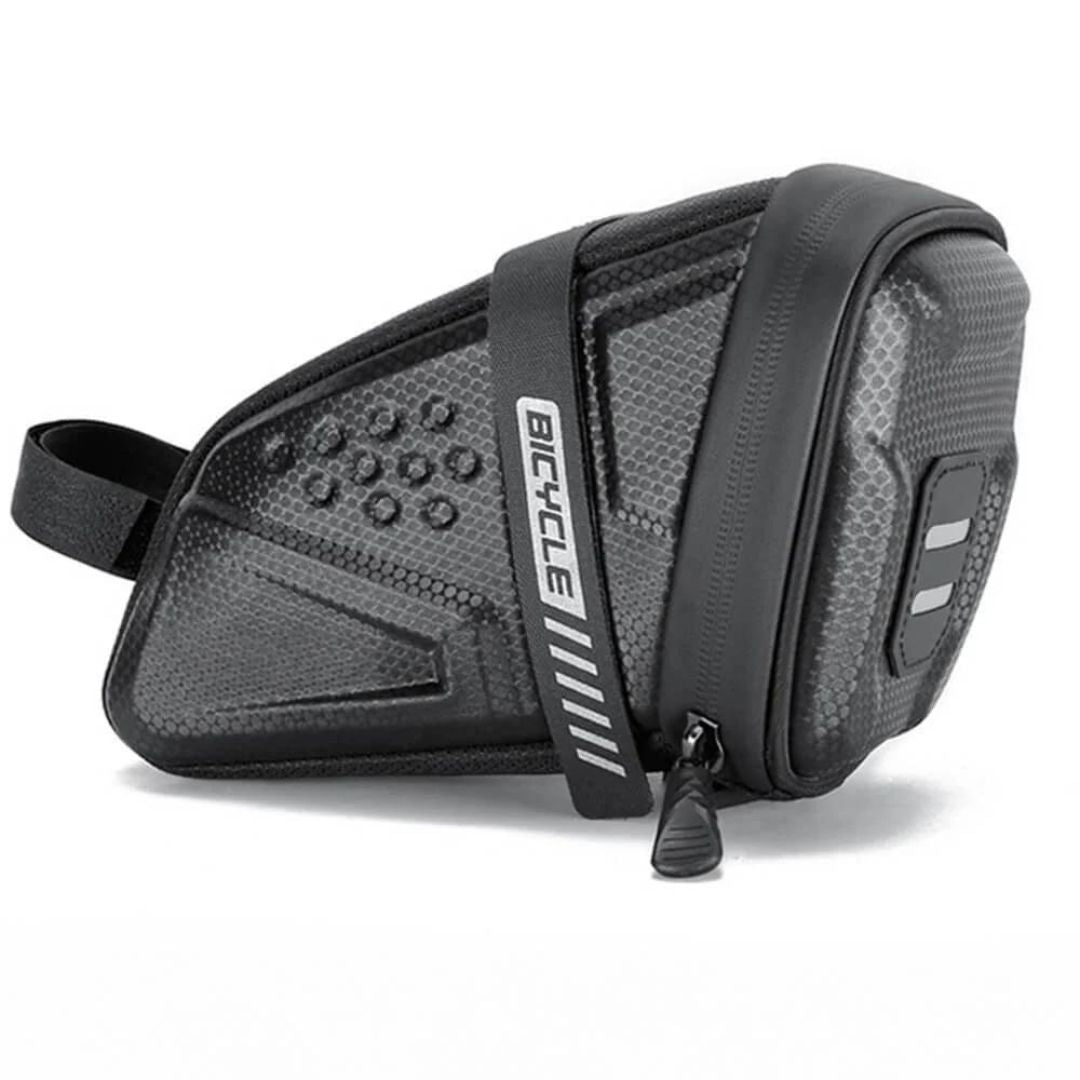 Compact storage pouch under bike saddle with zipper