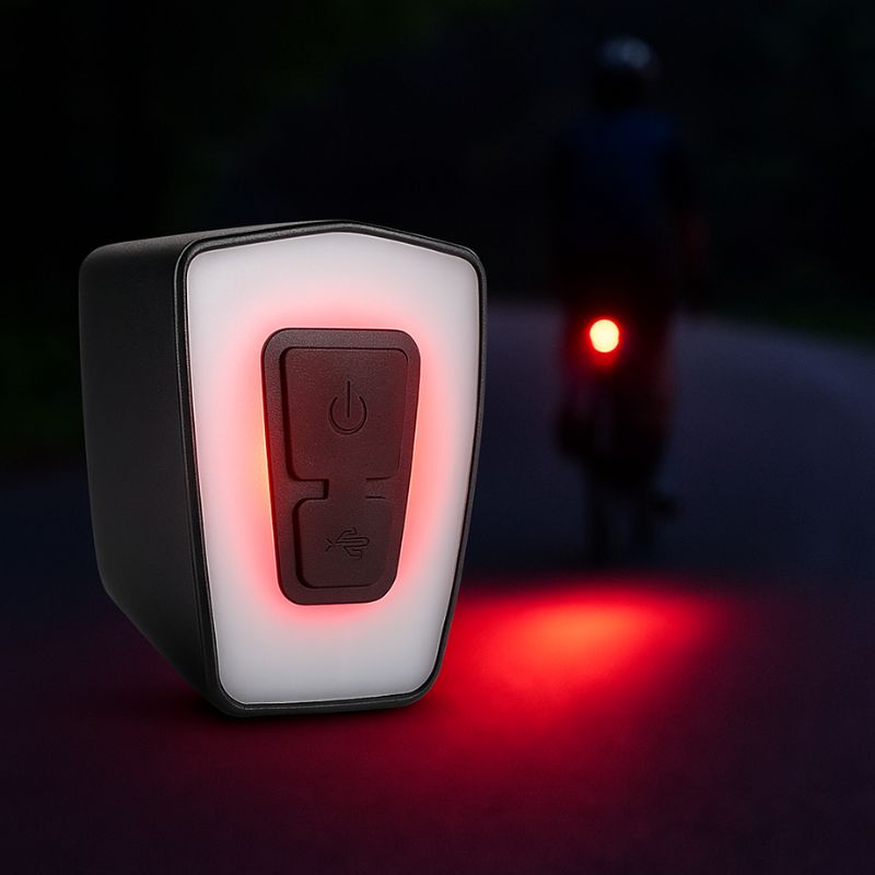 Rear view of the rechargeable bike light glowing red in the dark.