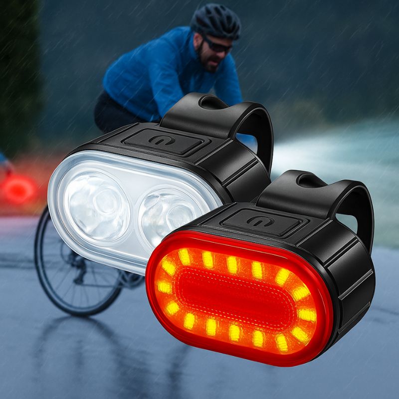 Front and rear LED bike lights in action during rainy night ride