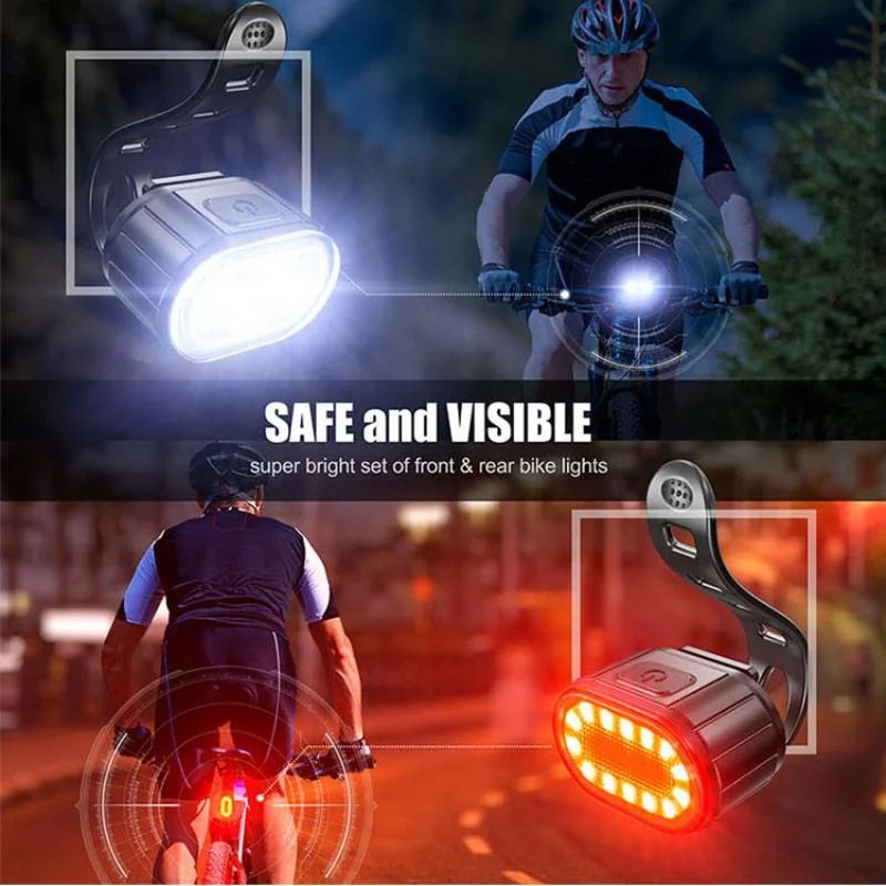 Cyclist riding at night with front and rear lights turned on