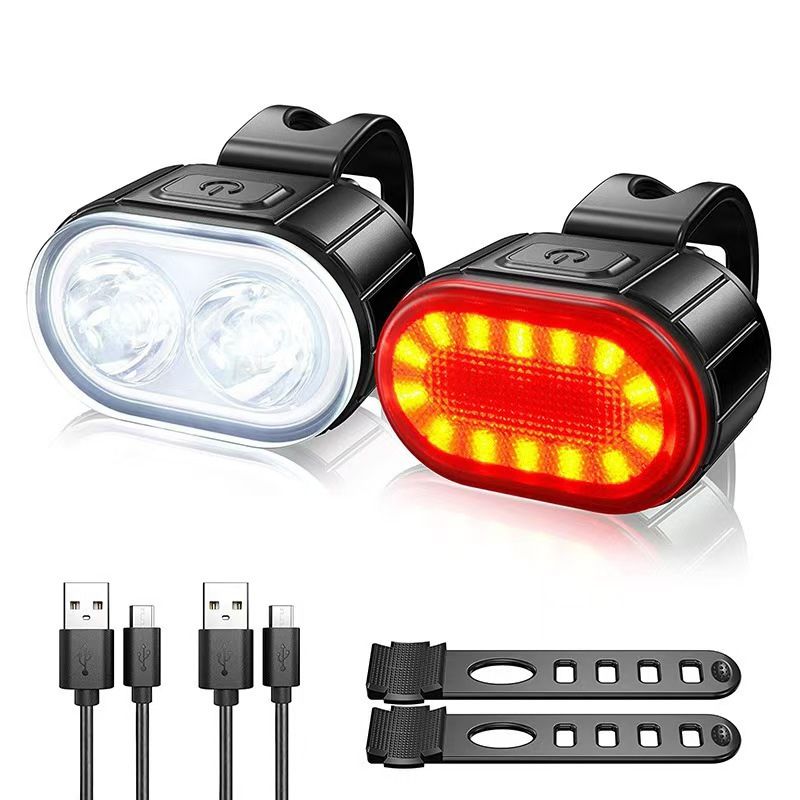 Complete set with front and rear lights, USB cables, and silicone mounts