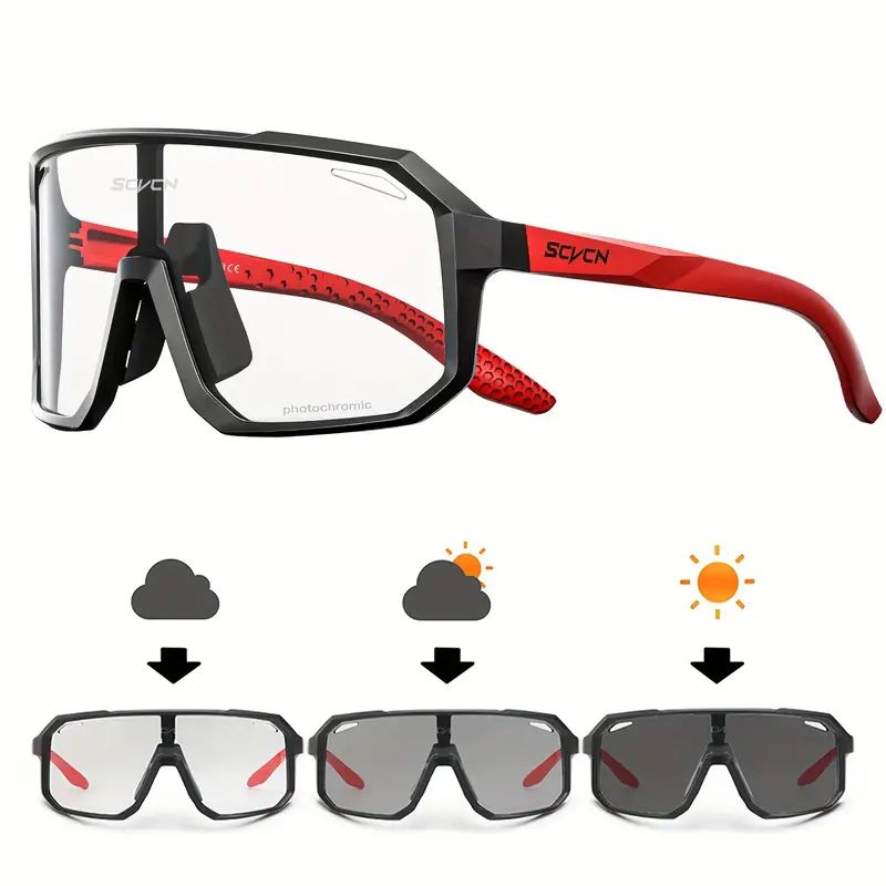 Red frame photochromic bike glasses with lens transition icons