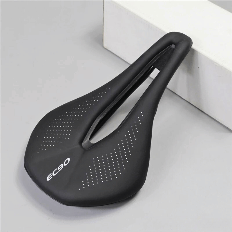 Black ultralight bike seat with central cutout for road and MTB bikes – breathable and ergonomic design
