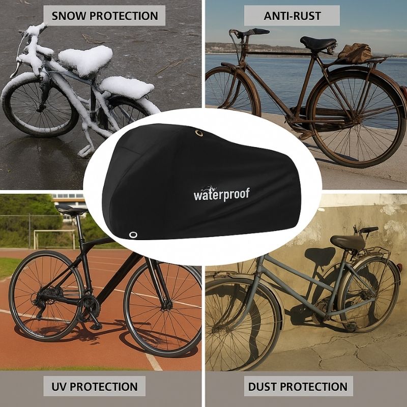 Bike cover showcasing UV and dust protection with labeled diagram