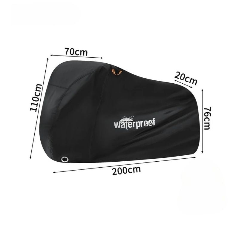 Product dimensions and compact storage view of folded bike cover