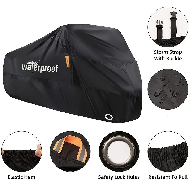 Overview of bike cover with secure features and fastening options